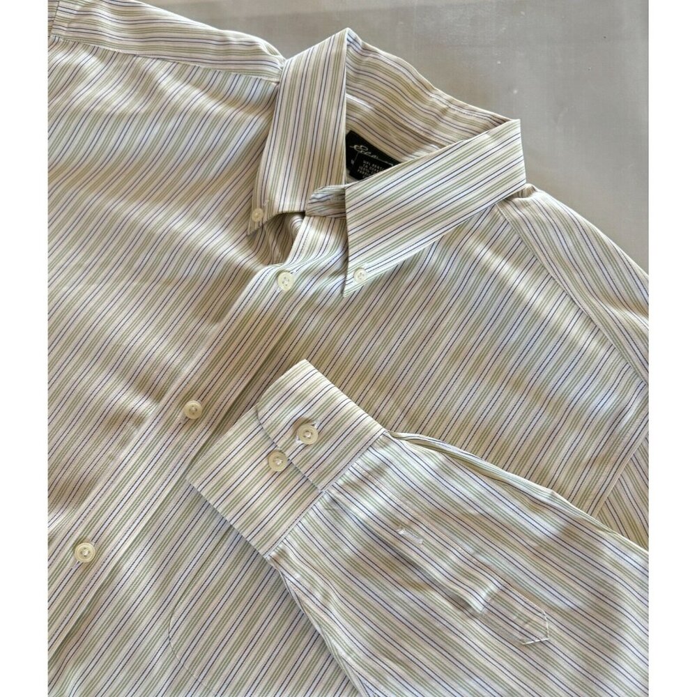 Eddie Bauer Shirt Large White Green Striped Mens Wrinkle Resistant Button Up